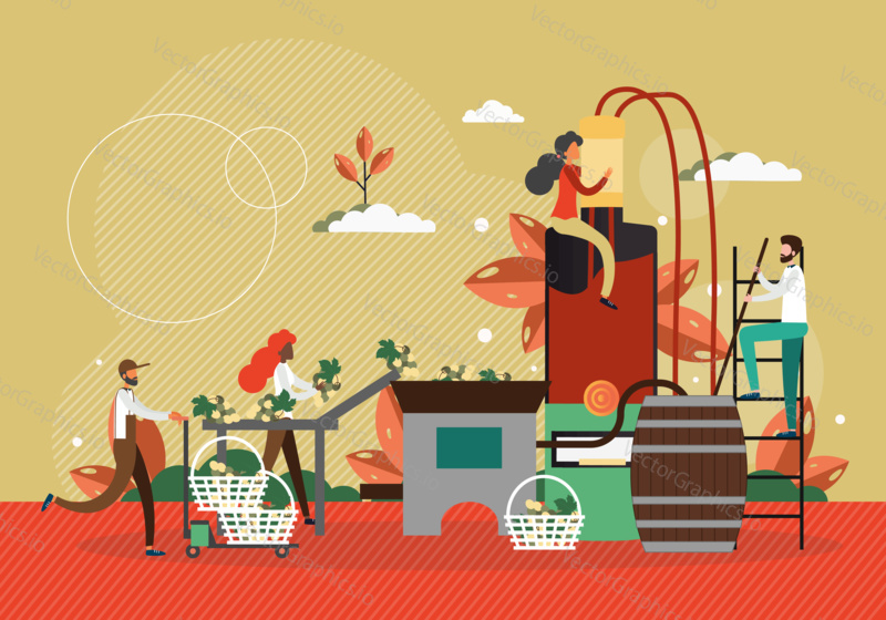 Wine production process concept vector illustration. Winery factory, people harvest grape and make wine. Winemaking technology.