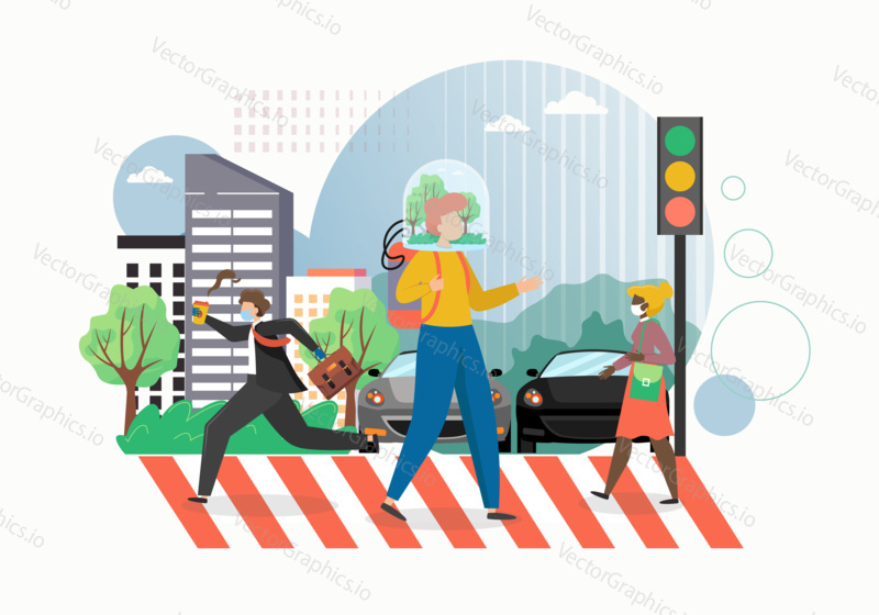 Man walks on a street with fresh air helmet. People wearing mask to protect covid coronavirus. Air pollution concept vector illustration. Respiratory system.