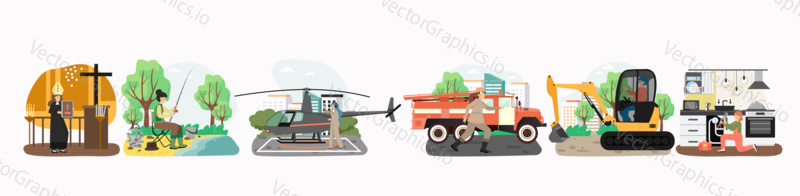 Non-traditional professions for woman concept vector illustration. Different female career, priest in church, fisherwoman, pilot, firefighter, excavator operator, plumber.