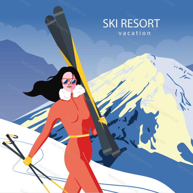 Ski resort poster in vintage retro style. Winter season vacation in mountains concept vector illustration. Female skier on a mountain slope. Travel in alps.