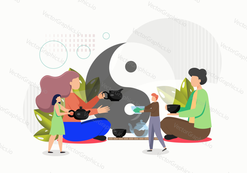 Traditional asian tea ceremony concept vector illustration. People drink hot tea from ceramic cups and teapot. Japanese and Chinese traditions.