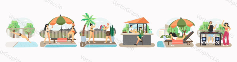 Pool party set of vector illustration. Summer vacation at poolside. Happy people swim in swiming pool, drink and dance. Pool party with DJ.