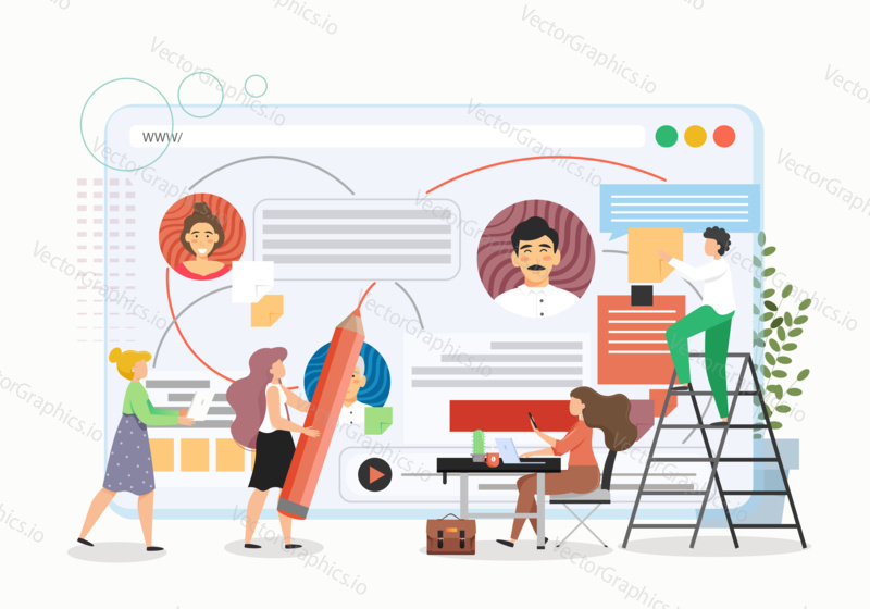 Project management concept vector illustration. Business team working together with project data dashboard in the office.