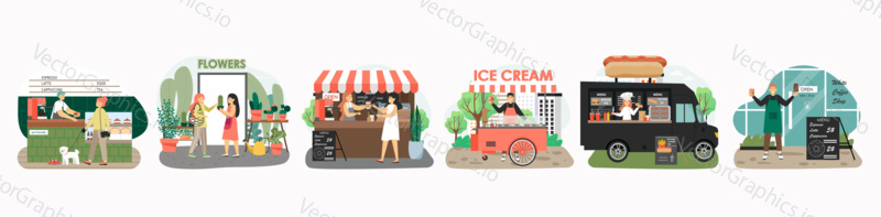 Street food carts with coffee, hot dog, ice cream. Fast food truck, festival stall. Small business concept vector illustration in flat style. Barista in cafe, woman sell flowers in shop.