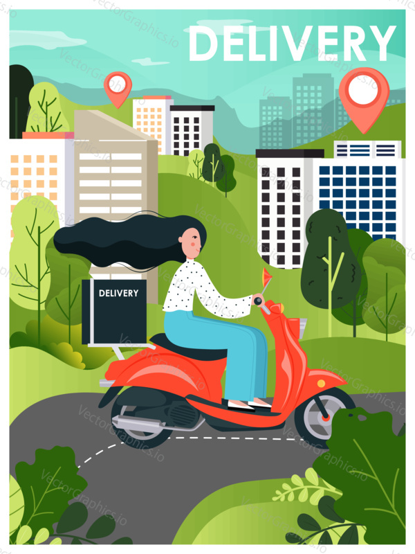 Express city food and package delivery on scooter. Girl courier rides a motor bike concept vector illustration. Fast delivery service poster with female character on motorbike.