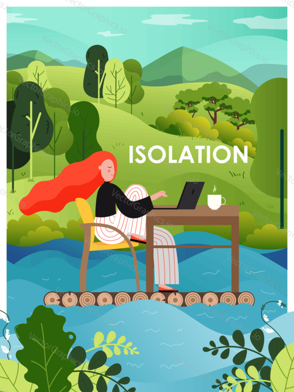 Girl at the computer in the middle of lake in nature environment. Remote work and self isolation vector illustration. Business office away from home and city. Woman with laptop floating on a raft.