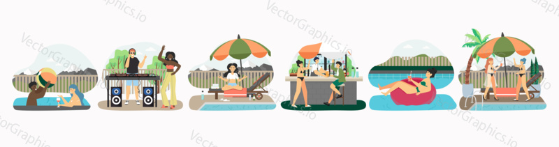 Pool party set of vector illustration. Summer vacation at poolside. Happy people swim in swiming pool, drink and dance. Pool party with DJ.