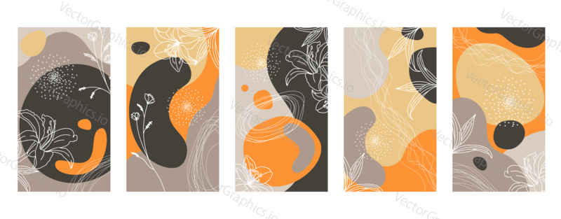 Vector set of abstract hand painted backgrounds for social media stories design, wall decoration pattern, modern poster, prints. Abstract background illustrations.