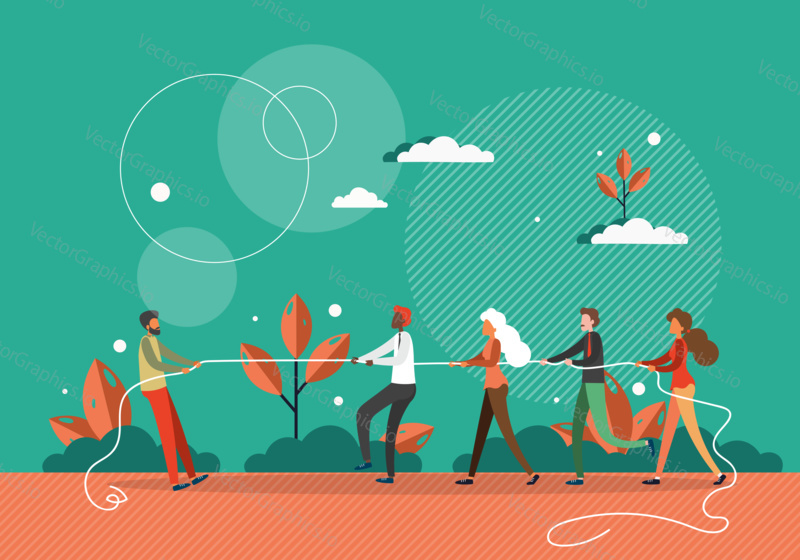One against all concept vector illustration. One man pulls rope against many people. Competition and leadership in business. Man stand out from crowd. Tug of war competition.
