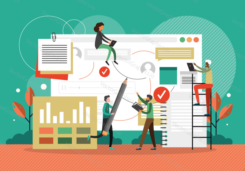 Project management concept vector illustration. Business team working together with project data dashboard in the office. Business data analytics.