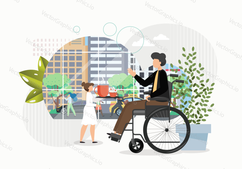 Disabled man on a wheelchair orders coffee in cafe. Accessible environment concept vector illustration. Handicapped man watching city life from window in cafe.
