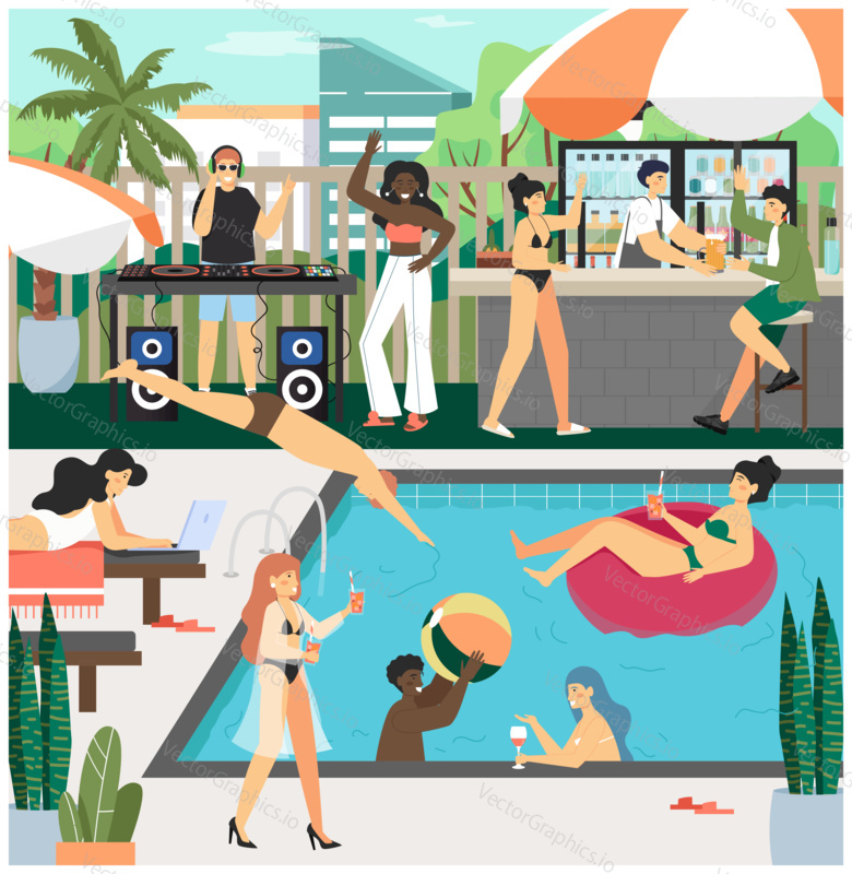 Pool party concept vector illustration. Summer vacation at poolside. Happy people swim in swiming pool, drink and dance. Pool party with DJ.