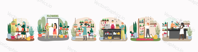 Flowers shop concept vector illustration. Female florist makes flower bouquet for customer. Woman buys house plants in flower store.