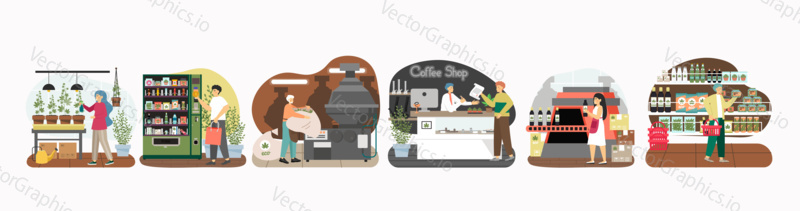 Weed production process concept vector illustration. From cannabis grow to the shop. Medical marijuana store, hemp, cbd production line. Vending machine with hemp cannabis products.