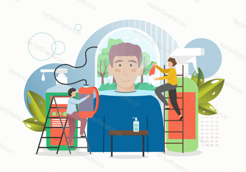 Man wearing glass helmet with respiratory system. Air pollution and covid virus protection. Vector illustration. Breathe fresh air concept.
