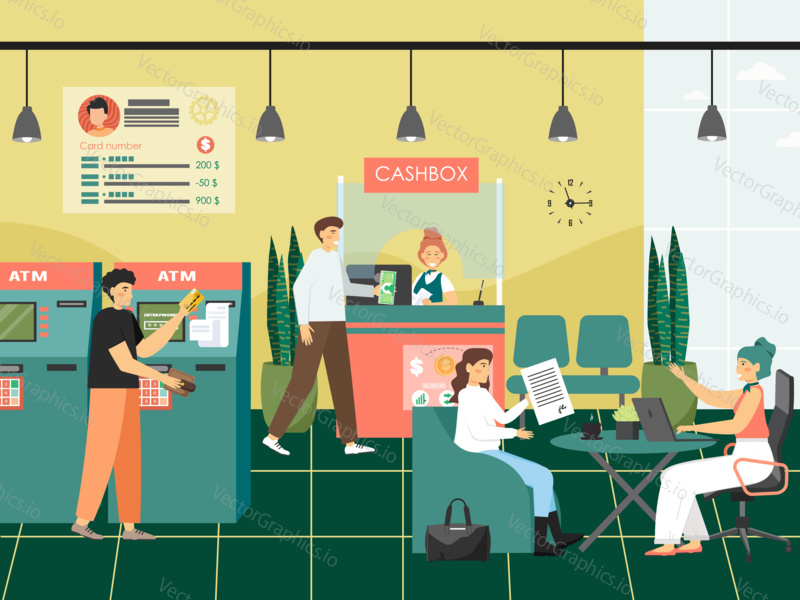 People in a bank concept vector illustration. Customers visit bank to make payments, withdraw money from ATM, deposit money and sign mortgage agreement.