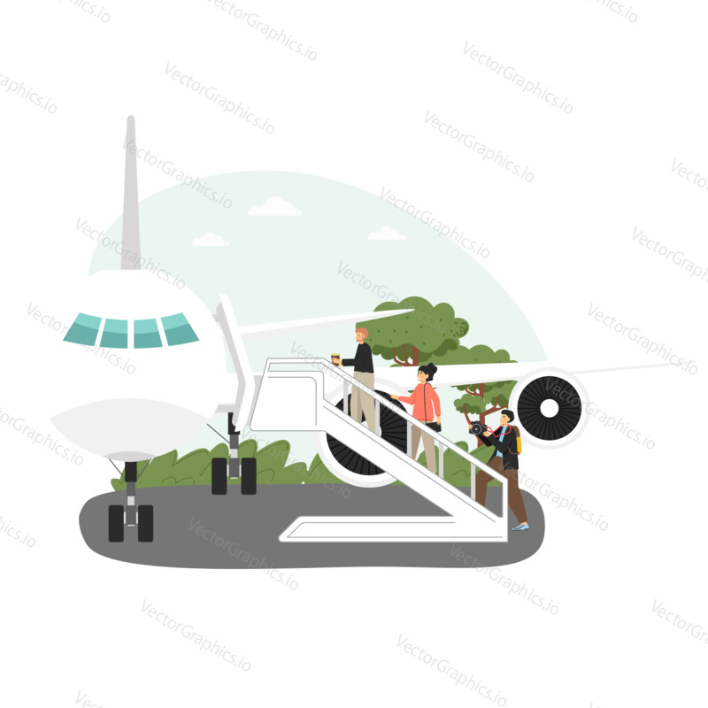 People boarding the plane at airport terminal. Travel by flight concept vector illustration. Passengers waiting on a ladder to board the aircraft cabin.