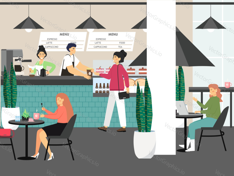 People in cafe work and drink coffee, concept vector illustration. Customers buy coffee in cafe shop.