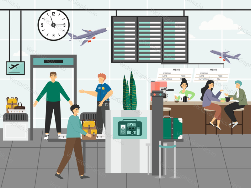 Airport security control and customs concept vector illustration. Security staff check passengres and x-ray luggage. People travel by flight. Airport safety checkpoint.