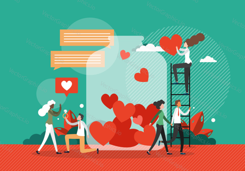 Love concept vector illustration. Woman fill bottle jar with red hearts. Valentines day flat poster. Man makes a proposal to woman. Romantic couple. Love is chemistry concept.