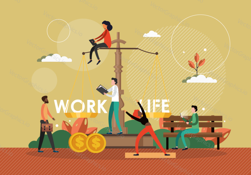 Work life balance concept vector illustration. Scale with work sign on one side and life symbol on another side. Business and life management.
