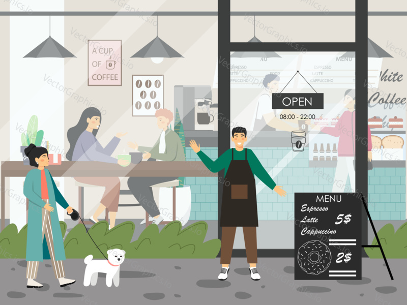 Woman with a dog walks by cafe with glass door. People drink coffee in restaurant, concept vector illustration. Cafe owner greets customers in front of his shop.