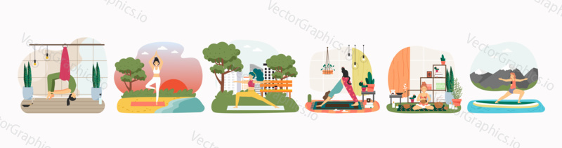 Woman doing yoga at home, in a park and on a beach. Wellness and meditation concept vector illustration. Anti gravity aerial yoga exercise. Woman stretch on a sup board.