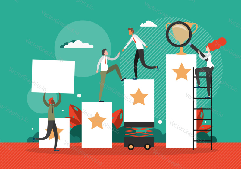 Business team help each other to climb up the stairs to the goal in the form of winner cup. Career progress and development concept vector illustration. Leadership in business, growth and success.