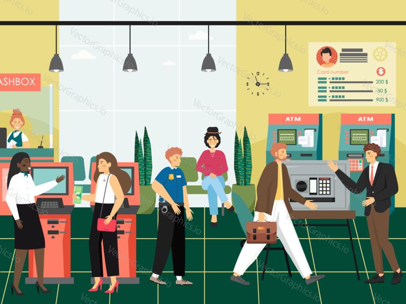 People in a bank concept vector illustration. Customers visit bank to make payments, withdraw money from ATM, deposit money and use safebox.