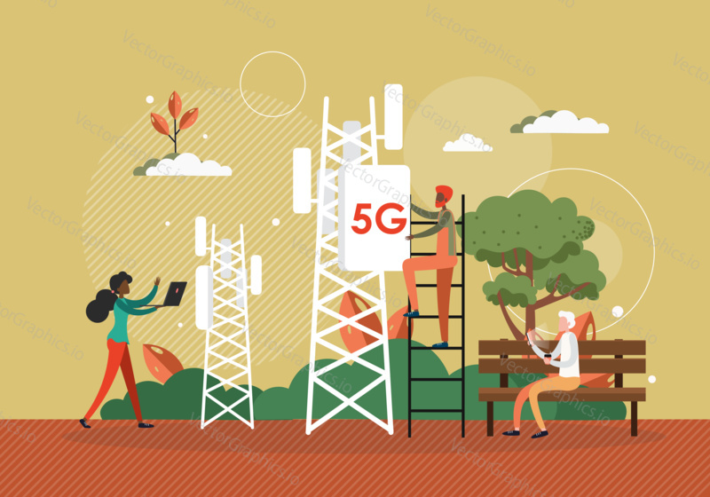 Tech worker installs 5G antenna to cellular network tower. 5G technology concept vector illustration. Fast wireless internet around city.