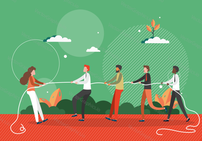 Woman pulls a rope against team of men. Stop gender inequality in business concept vector illustration. Fight for the woman rights. Tug of war.