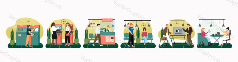 Vector set of scenes with people in bank. Public and private banking concept. Customers visit bank to make payments, withdraw money from ATM and deposit money.