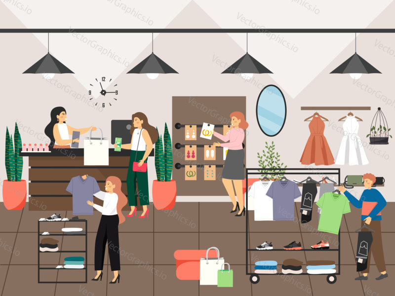Women shopping and buying clothes in clothing shop or apparel boutique. Fashion dress concept vector illustration. Female customers trying dress in dressing room. Fashion store interior.