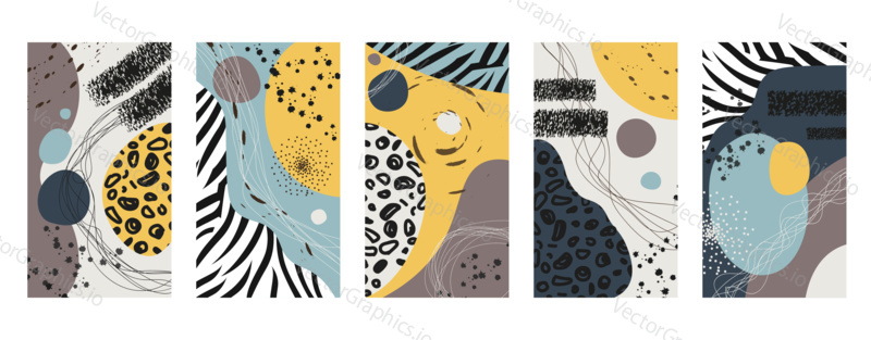 Vector set of abstract animal skin backgrounds for social media stories design, wall decoration pattern, modern poster, prints. Leopard, zebra, tiger abstract background illustrations.