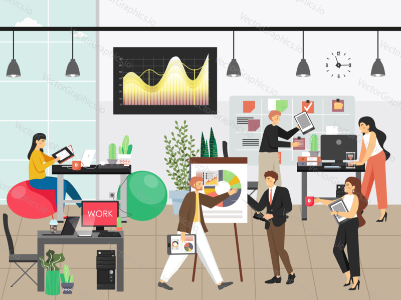 People work in office vector illustration. Team of employees work in business interior. Modern office workplace concept in flat style. Agile scrum board with tasks.
