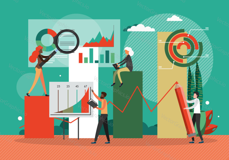 Businesscharts, concept flat vector illustration. Team work on finance and business strategy. Financial charts and data analytics dashboard. People in office.