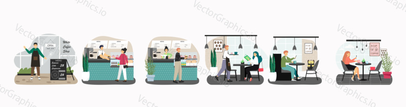 People in cafe work and drink coffee, concept vector illustration. Customers buy coffee in cafe shop. Waiter brings coffee and cake to female client.
