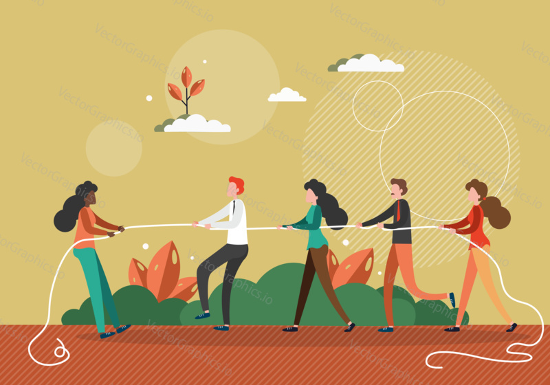 Black woman pulls a rope against team of white people. Stop racism in business concept vector illustration. Black lives matter. Fight for the rights, race and gender equality. Tug of war.