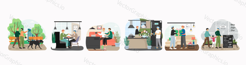 Happy lgbt gay couple in different situations, concept vector illustration. Homosexual men walking dog, cooking, watching movie together. LGBT people with child go to cafe.