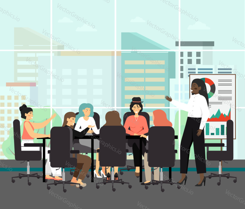 All female board with black chairwoman, concept vector illustration. Board of directors meeting with black woman as a CEO. Business executive meeting and presentation. Business concefence.