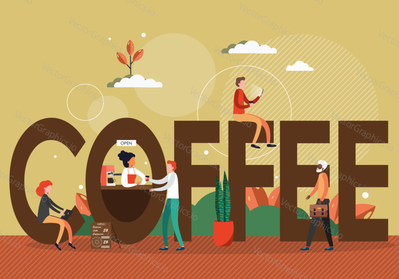 Morning coffee concept vector illustration. People buy coffee in small cafe. Big coffee sign.