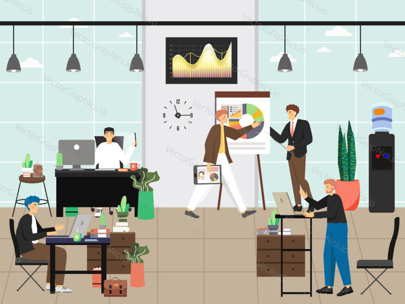 People work in office vector illustration. Team of employees work in business interior. Office workplace concept in flat style.