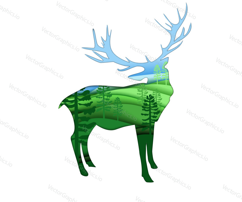 Deer animal silhouette isolated on white background. Vector illustration design in paper cut style.