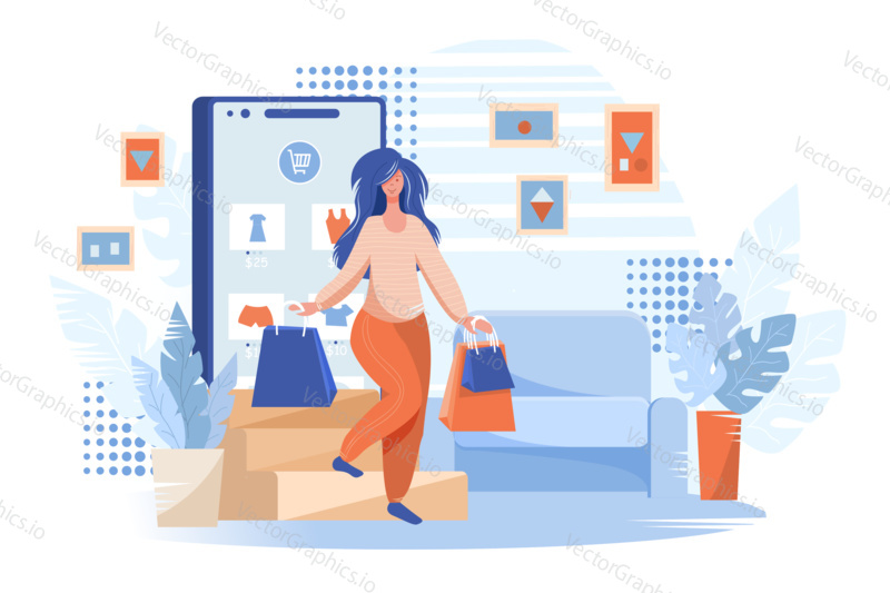 Woman shops online using mobile phone. Girl walked out from smartphone with shopping bags. Vector web site design template. Landing page website concept illustration.