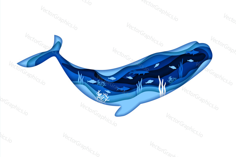 Whale blue silhouette isolated on white background. Vector illustration design in paper cut style. Fish and underwater sea life double exposure.