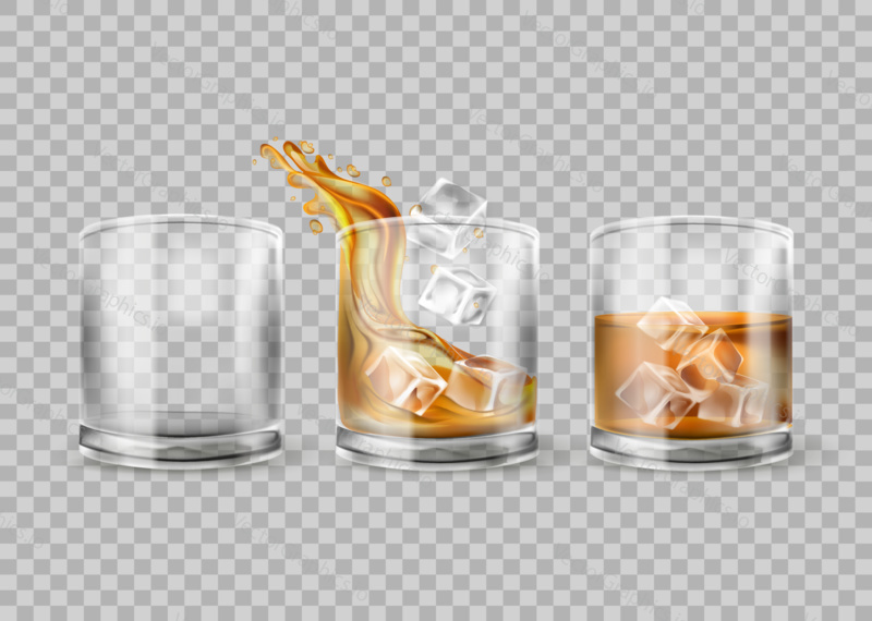 Vector set of whiskey glass isolated on transparent background. Whisky with ice. Glasses with alcohol drink, realistic illustration for bar or restaurant. 3d mockup