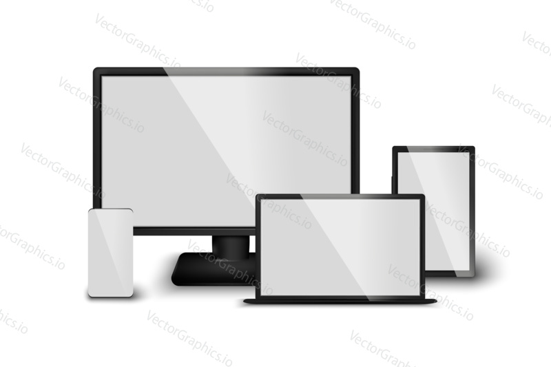 Vector set of realistic 3d computer device screens, tablet, mobile phone, laptop. Isolated gadgets on white background in different layers. Responsive web mockup and templates illustration