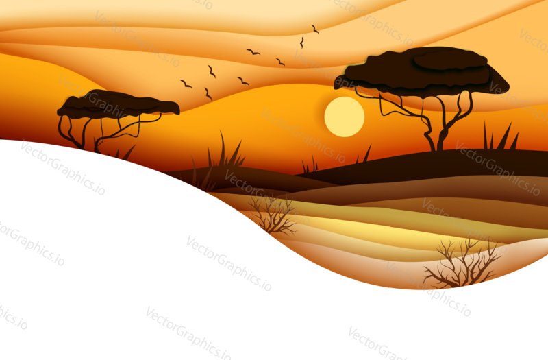 Закат над африканской саванной. Концепция дизайна дикой природы Африки. Векторная иллюстрация в стиле вырезания бумаги.
