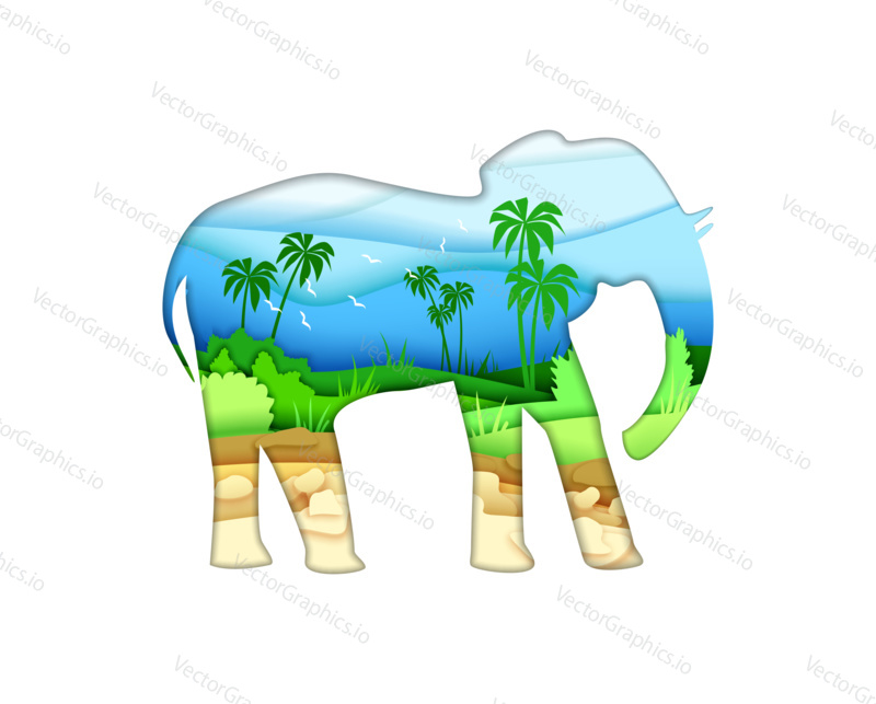 Elephant animal silhouette isolated on white background. Vector illustration design in paper cut style. African elephant and savannah double exposure.