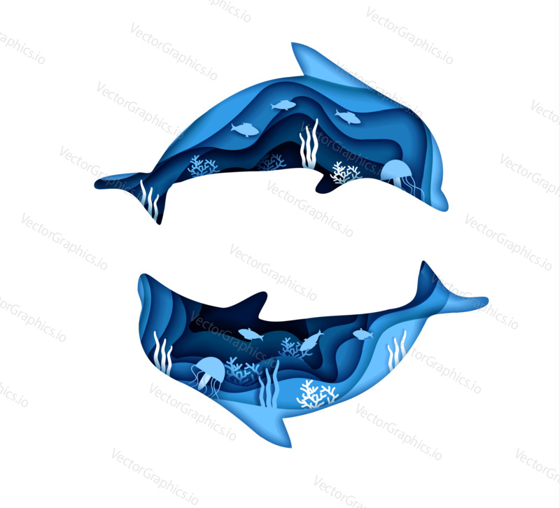 Two dolphins blue silhouette isolated on white background. Vector illustration design in paper cut style. Fish and underwater sea life double exposure.